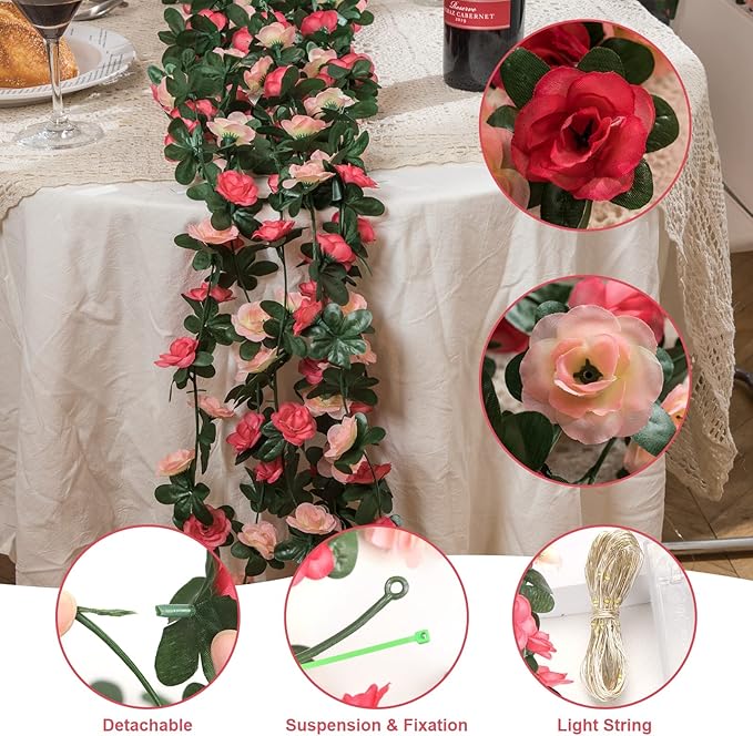 MARTINE MALL Rose Vines with 99 Ft/300 LED String Lights, Floral Garland for Bedroom, Wedding Decor