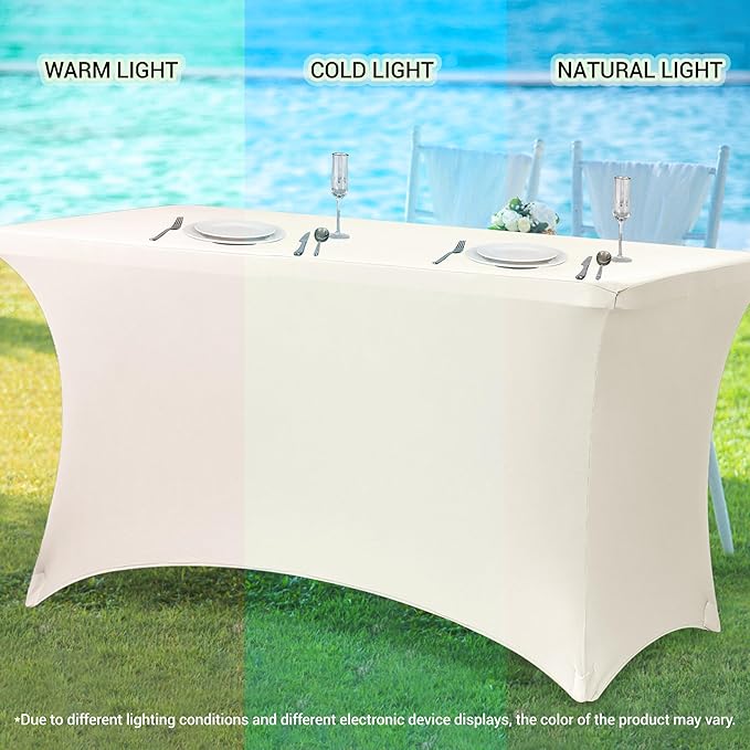 Obstal 6ft Stretch Spandex Table Cover for Standard Folding Tables - 2 Pack Universal Rectangular Fitted Tablecloth Protector for Wedding, Banquet and Party, 72L x 30W x 30H Inches, Cream, 2pc
