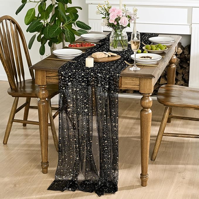 Horaldaily Black Gold Sparkling Star Gauze Tablecloth 60x60 Inch Square, Golden Star Sequin Glitter Metallic Foil, Sheer Tulle Cheesecloth for Wedding Baby Shower Party