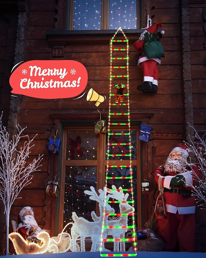Toodour LED Christmas Lights - 10ft Christmas Decorative Ladder Lights with Santa Claus, Xmas Decorations Light for Indoor Outdoor, Window, Garden, Home, Wall, Xmas Tree Decor - Red & Green