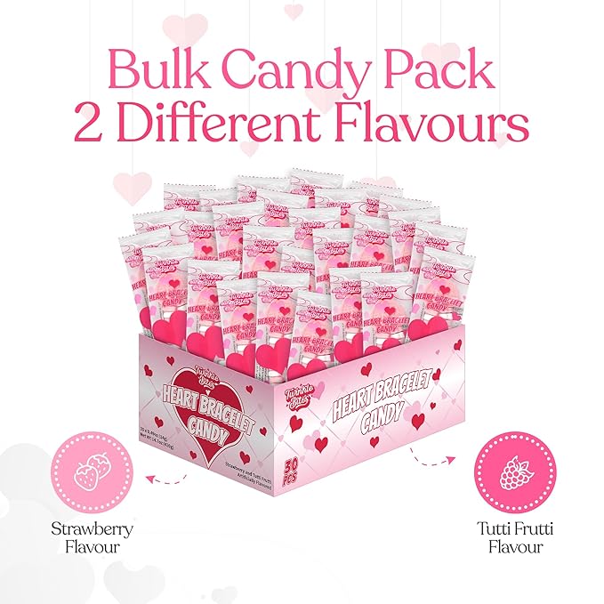 30 Pack Valentines Day Bracelet Candy – Individually Wrapped Holiday Themed Love Heart Candies – Strawberry, Tutti Frutti Delicious Flavors – Bulk Valentine Candy's Great Use, For Kids, Party Favor, Classrooms Partys, Goodie Bags