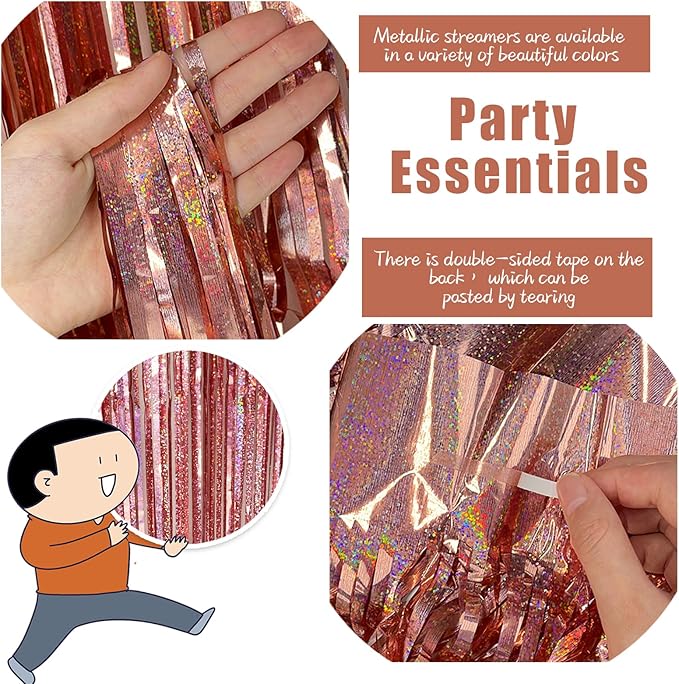 3 Pack Rose Gold Fringe Curtain Backdrop Birthday Bachelorette Party Decorations Metallic Tinsel Streamers Foil Backdrop Christmas Graduation Wedding New Year Party Decorations