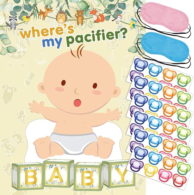 Pin The Pacifier on The Baby Game with 48 PCS Pacifier Stickers for Kids Girls Birthday 21'' x 28'' (Baby Shower)