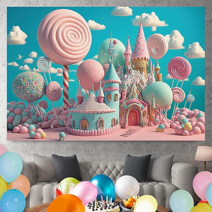 15x8ft Candyland Backdrop Fantasy Pink Sweet Candy Castle Photography Background Children's Birthday Party Candyland Theme Decorations Banner Photo Studio Props