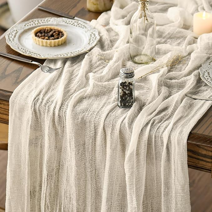 Artoid Mode Boho Cheesecloth Gauze Beige Wedding Table Runner, 120 Inch Seasonal Fabric Kitchen Dining Holiday Table Decor for Home Party Indoor
