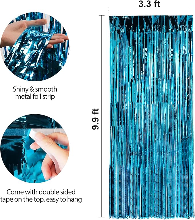 Crosize 4 Pack 3.3 x 9.9 ft Foil Fringe Curtains Party Decorations, Blue Tinsel Curtain Backdrop for Parties, Door Streamers, Glitter Streamer Fringe Backdrop for Birthday Decoration (Blue)