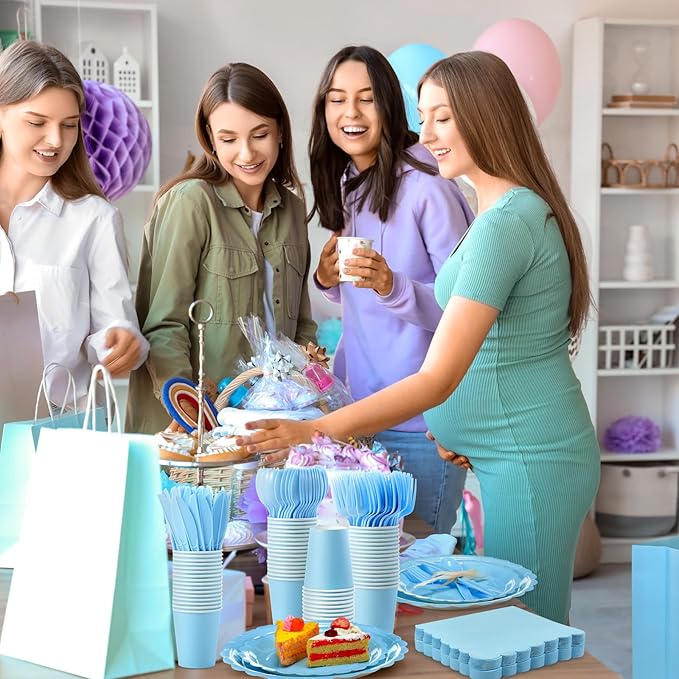 200 Pcs Light Blue Plates and Napkins, 25 Guest Spring Party Supplies Include Scalloped Paper Plates Napkins Cups Plastic Spoons Forks Knives Disposable Tableware Set for Baby Shower