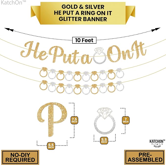KatchOn, He Put a Ring On It Banner - 10 Feet, No DIY | Gold and Silver Engagement Party Decorations | He Put A Ring On It Sign for Bachelorette Party Decorations, Bridal Shower Decorations