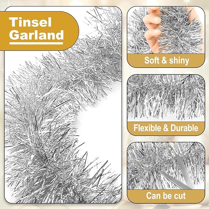 50 Feet Metallic Twist Tinsel Garland Wall Hanging Backdrop for Parade Floats, Christmas Eve, New Year, Valentine's Day Party Decorations (Silver, 2in x 50ft)