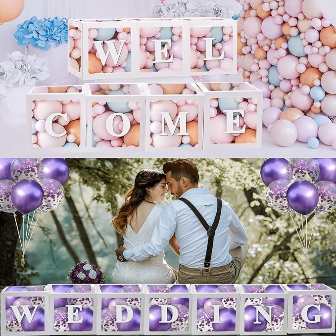 Clear Balloon Boxes Baby Shower Decorations, 7 White Baby Boxes with 78 Letters for Custom Name, Transparent Balloon Box Backdrop for Party Birthday, Bridal Wedding, Boy girl Gender Reveal, Graduation