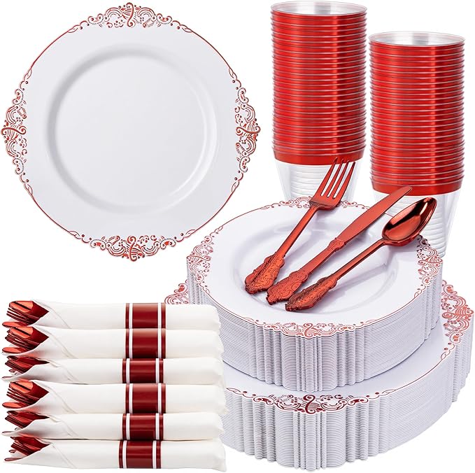 Nervure 350PCS Red Plastic Plates - White Red Plastic Dinnerware Set for 50 Guests - 100 Red Disposable Plates, 50 Pre Rolled Cutlery Set, 50 Cups Perfect for Wedding & Party & Valentine