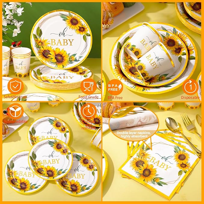 168Pcs Sunflower Baby Shower Decorations for Girl, Baby Shower Plates and Cups and Napkins Sets, Sunflower Plates Serve 24, Baby In Bloom Yellow Oh Baby Party, Easter Spring Summer Fall Party