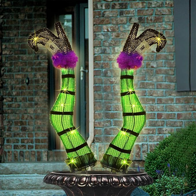 Juegoal Set of 2 Halloween Lighted Wicked Witch Legs with Stakes, 22" Light Up Tinsel Witch Prop, Halloween Yard Signs Timer & 8 Modes, Battery Operated for Outdoor Party Haunted House Garden Decor