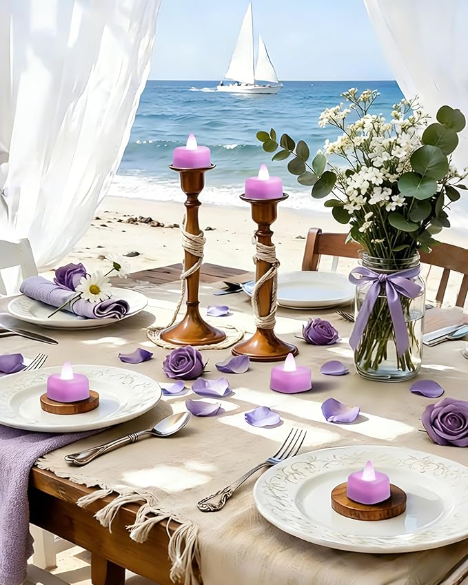 Amagic 2000 Pieces Light Purple Artificial Rose Petals with 24 Light Purple LED Tea Lights, Rose Petals and Candles Set for Proposal, Anniversary, Romantic Night, Wedding Decor