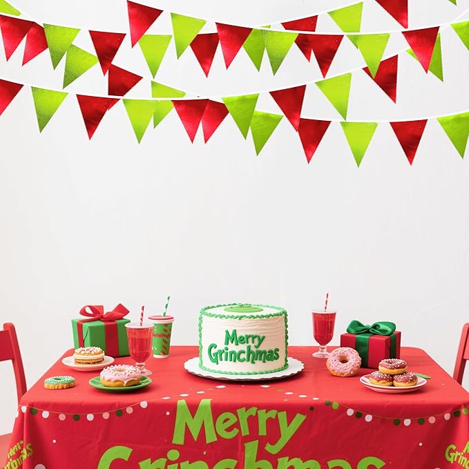 Red and Green Metallic Fabric Triangle Pennant Banner Flag Bunting Garland for Merry Grinchmas Birthday Baby Shower Bachelorette Xmas Holiday Christmas Holiday New Year Party Decorations Supplies