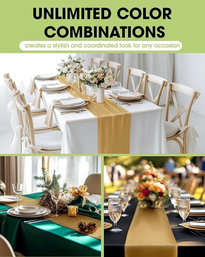 Pureegg Gold Plastic Table Runners - 10 Pack, 14'' x 108'', Water Resistant & Disposable Centerpiece Decorations for Table Cloth, Wedding, Birthday, Holiday, Baby Shower, Party, Home Decor