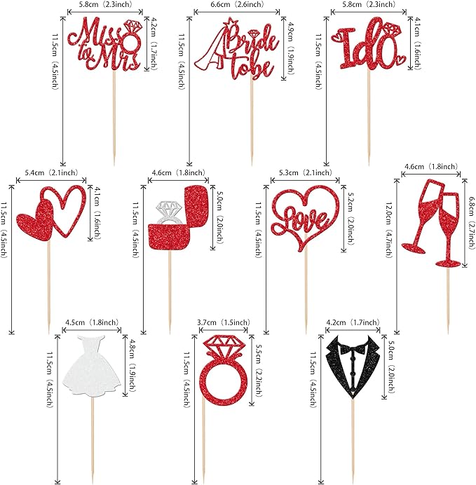 30 PCS Bride to Be Cupcake Toppers Glitter Miss to Mrs I Do Love Heart Ring Cupcake Picks Wedding Bridal Shower Cake Decorations for Wedding Engagement Bachelorette Party Supplies Red