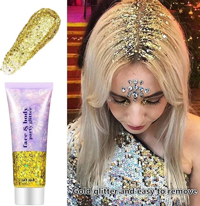 Go Ho Gold Face Body Glitter,Mardi Gras Glitter Makeup Gold Face Paint,Holographic Chunky Sequins Glitters for Eye Lip Hair Nails,Festival Rave Accessories,52g