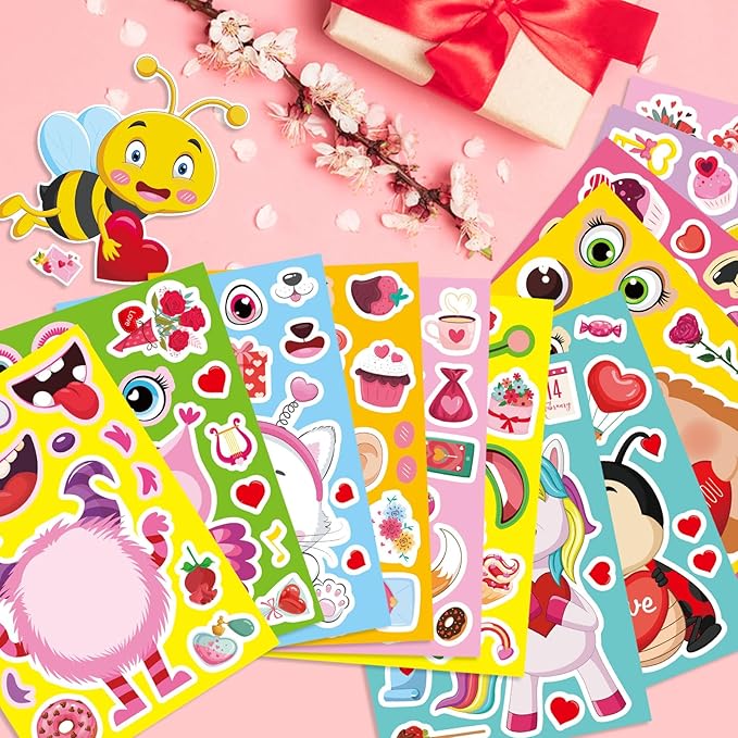 Valentine Stickers for Kids Toddlers, 36 Sheets Valentines Day Make a Face Stickers, Make Your Own Animal with Heart Mix Stickers for Kids Valentines Day Activities Party Favors