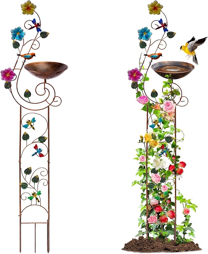 57" Height Metal Bird Bath with Trellis for Outdoor, Vintage Decorative Bird Baths, Small Garden Plant Support, Antique BirdBath for Climbing Plants with Detachable Iron Bowl (Dragonfly)