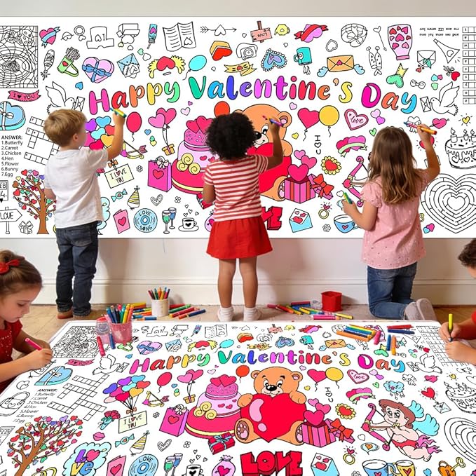 Valentines Coloring Tablecloth/Poster, 2 PCS Valentines Day Gifts for Kids Classroom, Valentines Day Decorations, 72"x30" Giant Paper Coloring Banner Tablecloth Crafts Activities for Party Decorations