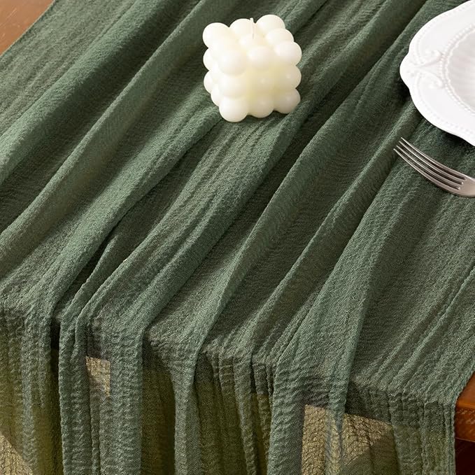 Socomi 3pcs Green Cheesecloth Table Runner Olive Easter Spring Gauze 120 Inch Rustic Boho Cheese Cloth Runner for Wedding Party Baby Bridal Shower Centerpiece Decoration Holiday Home Decorations