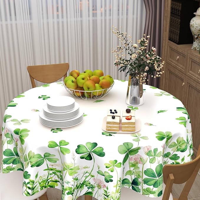 St Patricks Day Tablecloth Round 60 Inch Green Shamrock Table Cloth Farmhouse St Patrick's Day Table Cover for Kitchen Dinner Room Holiday Party Indoor Outdoor Home St Patricks Day Decor