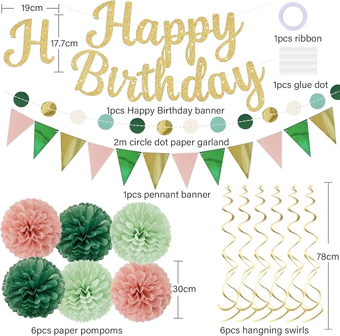 Sage Green Birthday Decorations, Happy Birthday Banner and Paper Pompoms, Hanging Swirls, Circle Dots Garland, Pennant Flags for Girls Women Party Decorations