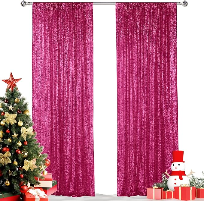 Hahuho Fuchsia Sequin Backdrop Curtain, 2PCS 2FTx8FT Glitter Backdrop Curtain for Parties, Christmas, Wedding, Party Decoration（2 Panels, 2FT x 8FT, Fuchsia