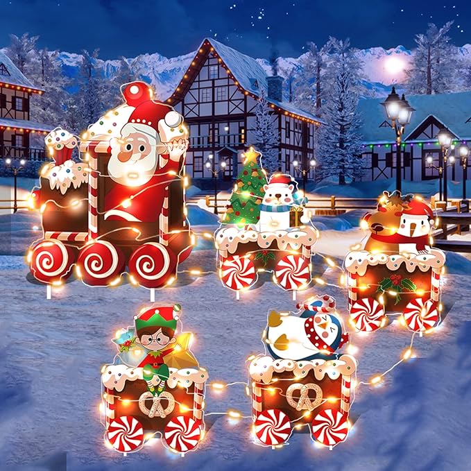 Christmas Train Decorations Yard Signs with LED Lights - Christmas Tree Snowman Train Set Lawn Signs with Stakes for Holiday Xmas Lawn Garden Yard Decorations Outdoor, 5 Pack