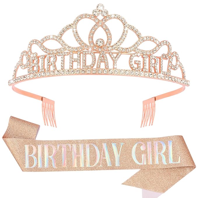 Chanaco Birthday Sash and Crown for Women, Birthday Tiara for Girls, Rhinestone Hair Accessories Party Decorations