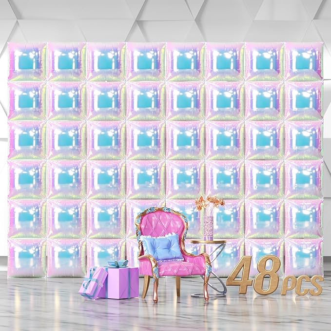 NISOCY 48PCS Iridescent Square Foil Balloons Wall Backdrop Holographic Balloons Tunnel Garland Arch Kit for Birthday Wedding Graduation Bridal Baby Shower New Year Rainbow Party Decorations