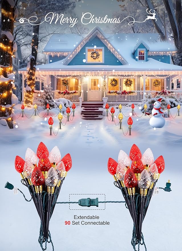 Brightown 2 Pack Strawberry C9 Christmas Pathway Lights Outdoor - Total 34.8 Feet 20 LED C9 Walkway Lights, Christmas Light Outdoor, Christma Outside Decorations for Lawn Holiday, Red & Warm White