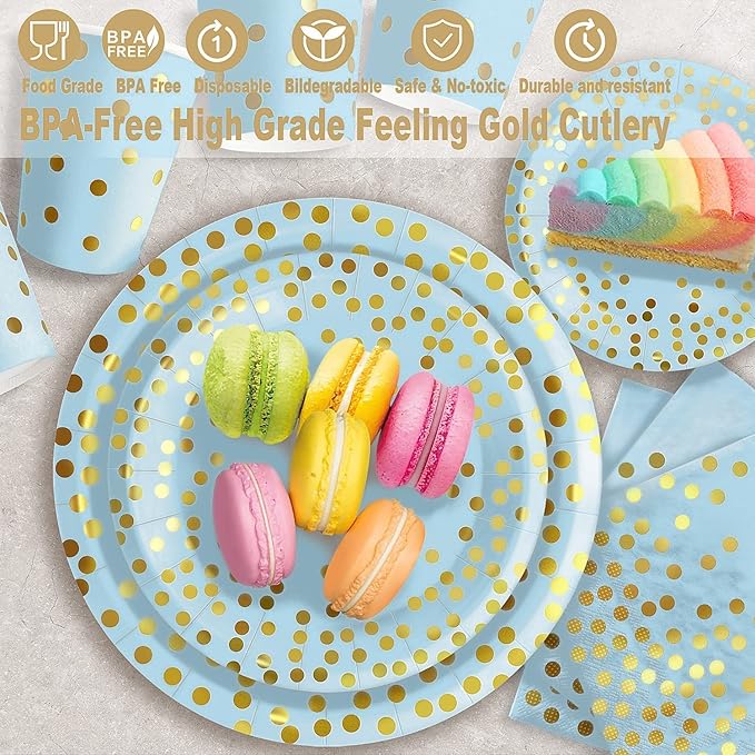 AIRE 175Pcs Blue and Gold Paper Plates Dinnerware Sets for 25 Guests, Party Decorations Paper Plates Party Supplies Gold Plastic Forks Knives Spoons, Golden Dot Napkins Cups For Birthday Baby Shower