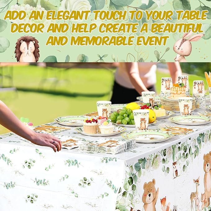 452 Pcs Woodland Party Decoration for 50, Woodland Animal Baby Shower Paper Plates Napkins Cups Tablecloth Cutlery Straws for Forest Wild Safari Birthday Gender Reveal Party Supplies