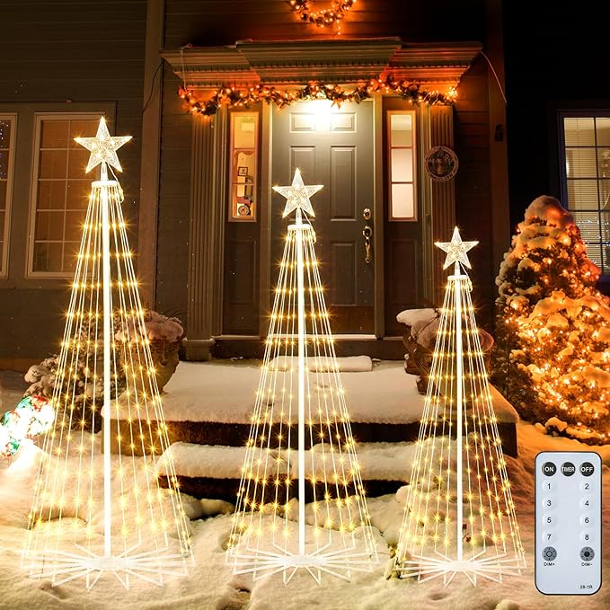 Outdoor Christmas Cone Tree Light with Remote, 3Set 4/5/6ft Lightshow Christmas Tree with Star Topper, Dimmable Artificial Christmas Tree for Porch Yard Patio Indoor Christmas Decorations, Warm White