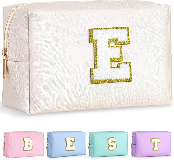 TOPEAST Monogrammed Gift for Women Girls, Personalized Initial Makeup Bags Cosmetic Bag with Zipper, Cute Makeup Pouch, PU Leather Waterproof Toiletry Bag, Preppy Gifts Stuff for Girl (White E)
