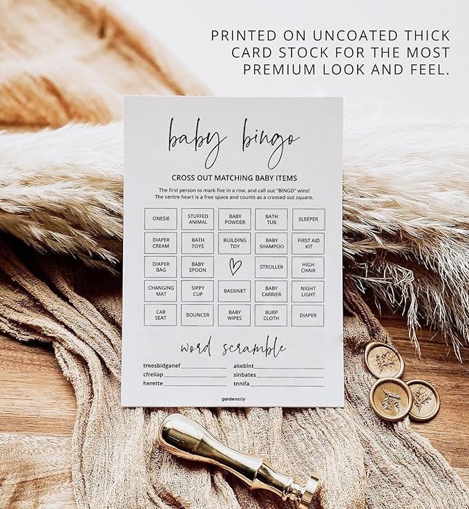 Baby Shower Bingo Game (50 Unique Cards), Pre-Filled, Baby Shower Games, Added Word Scramble - Minimalist