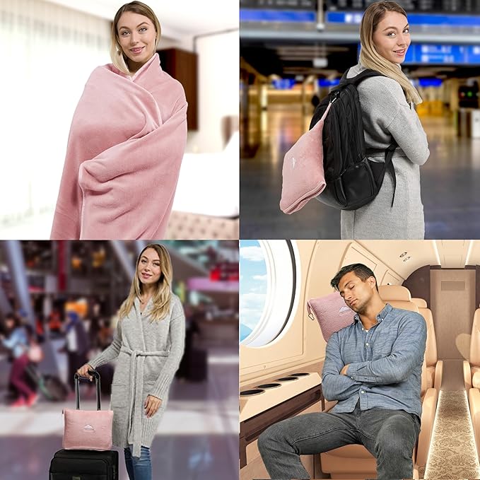 BlueHills Premium Soft Long Travel Blanket Pillow for Tall Airplane Flight Blanket 70 X48 inch Throw in Soft Bag case with Backpack Clip Compact Large Plane 2 in 1 Combo Pink T055