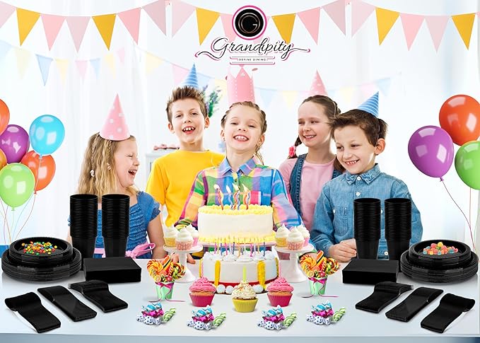 Grandipity 350 Piece Black Dinnerware Set, 50 Guests Plastic Party Plates, Cups, Napkins, Forks, Knives & Spoons