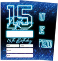 SIXEIGHT Blue 15th Birthday Invitations for Boys, Neon Glow Party Invitations for Girls Kids, 20 Pack Double Sided Invite Cards with Envelopes, 15th Glow Neon Birthday Party Decorations, 4x6 Inch-C48