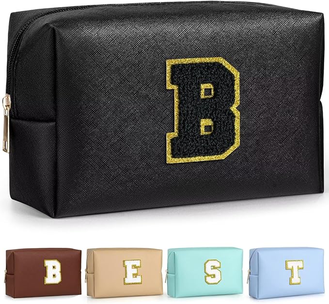 TOPEAST Preppy Patch Makeup Bag, Chenille Letter Pouch Cosmetic Bag, PU Leather Waterproof Toiletry Bag, Personalized Birthday Gift for Women Girl, Cute Stuff for Girls (Black B)