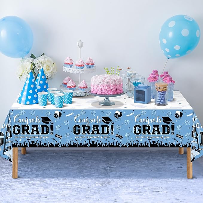 6 Pack Graduation Tablecloth Party Decorations, Class 2026 Congrats Grad Plastic Tablecover Party Supplies, Light Blue Rectangle Graduation Table Decorations for College High School Party, 54x108 Inch