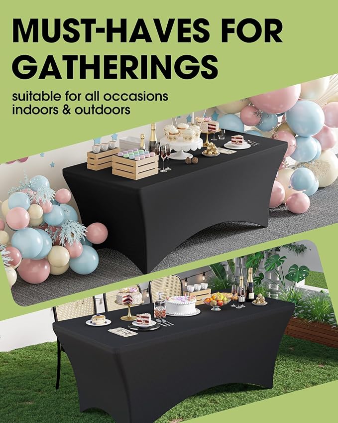 Pureegg Spandex Tablecloth 4ft - 6 Pack, Fitted and Stretch Table Cover for Rectangle Tables, Wrinkle-Resistant and Secure Fabric for Outdoor, Picnic, Party, Wedding, Banquet and Birthday, Black