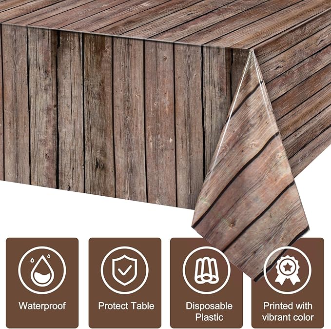 Tiamon 12 Pcs Western Party Tablecloth Western Cowboy Party Table Cover Cowboy Theme Plastic Tablecloth Wild West Wood Grain Table Cover for Birthday Baby Shower Decor (54 x 108 Inch)