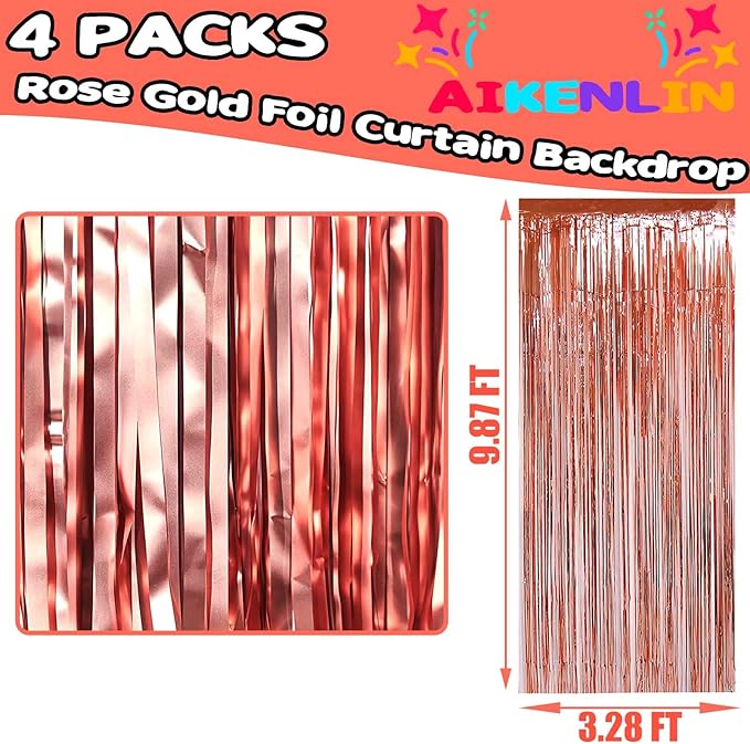 4 Pack 3.2Ft x 9.8Ft Rose Gold Foil Fringe Curtain Backdrop, Metallic Tinsel Foil Fringe Streamers Curtains for Party, Photo Booth Props, Birthday, Wedding, Christmas Party Decoration Supplies