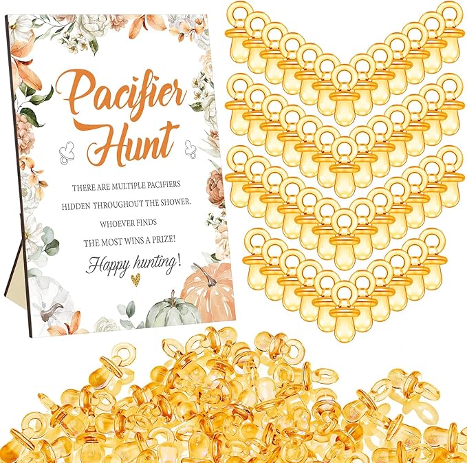 Thyle 51 Pcs Pacifier Hunt Baby Shower Games Include Hunt Sign and 50 Acrylic Pacifiers for Baby Shower Game Decoration Gift Sets Gender Reveal Party Decor(Pumpkin)