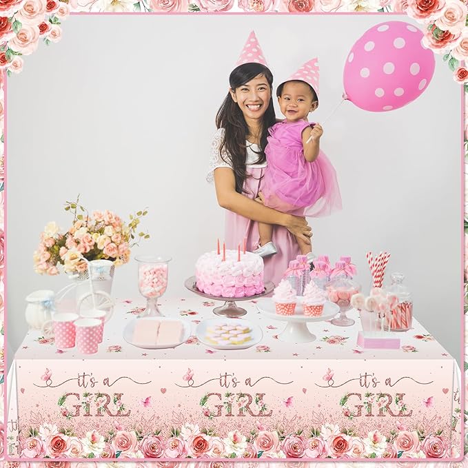 3 Pack Floral Baby Shower Tablecloth Decorations, It's a Girl Baby Shower Decorations, Pink Flower Gender Reveal Decorations for Girl, Plastic Disposable Baby Girls Table Cloth Party Decorations