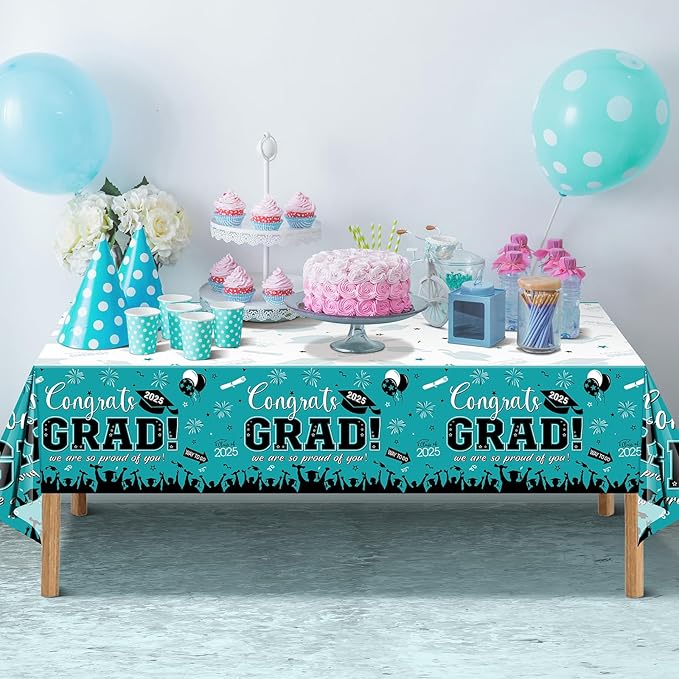 6 Pack Graduation Tablecloth Party Decorations, Class of 2026 Congrats Grad Plastic Tablecover Party Supplies, Teal Rectangle Graduation Table Decorations for College High School Party, 54 x 108 Inch