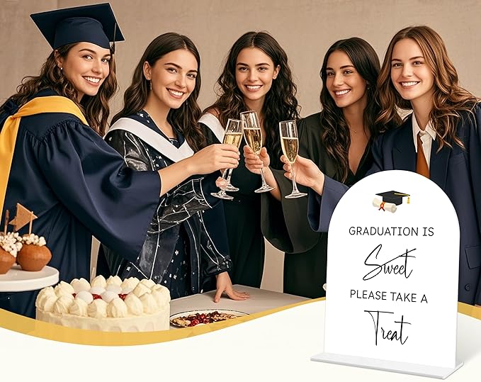 Graduation is Sweet Please Take a Treat Sign, 6 x 8 Inch White Arch Acrylic Grad Party Sign with Holder, Graduation Dessert Table Sign, Grad Decor, High School College Party Supplies - DL06
